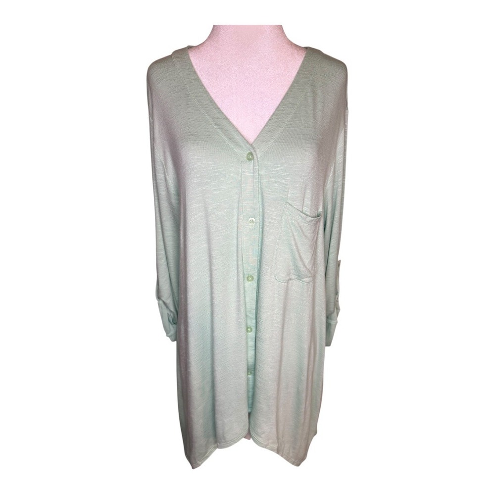 Andrea Jovine Button Down Tunic‎ Top Seafoam Green Long Sleeve Pocket Large NWT